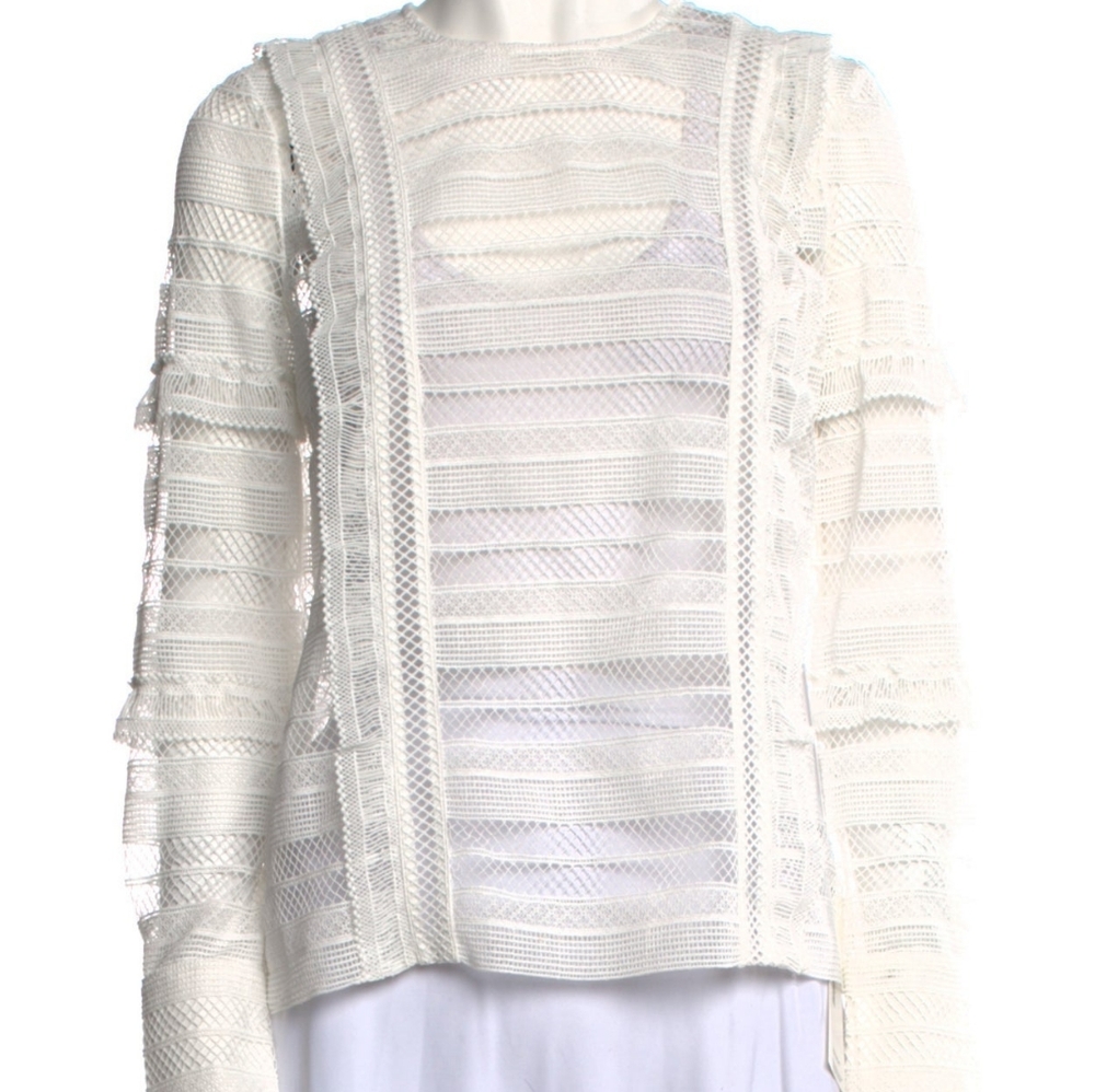 SELF-PORTRAIT White Sheer Panel Striped Grid guipure-lace Top Size 6 NEW NWT!